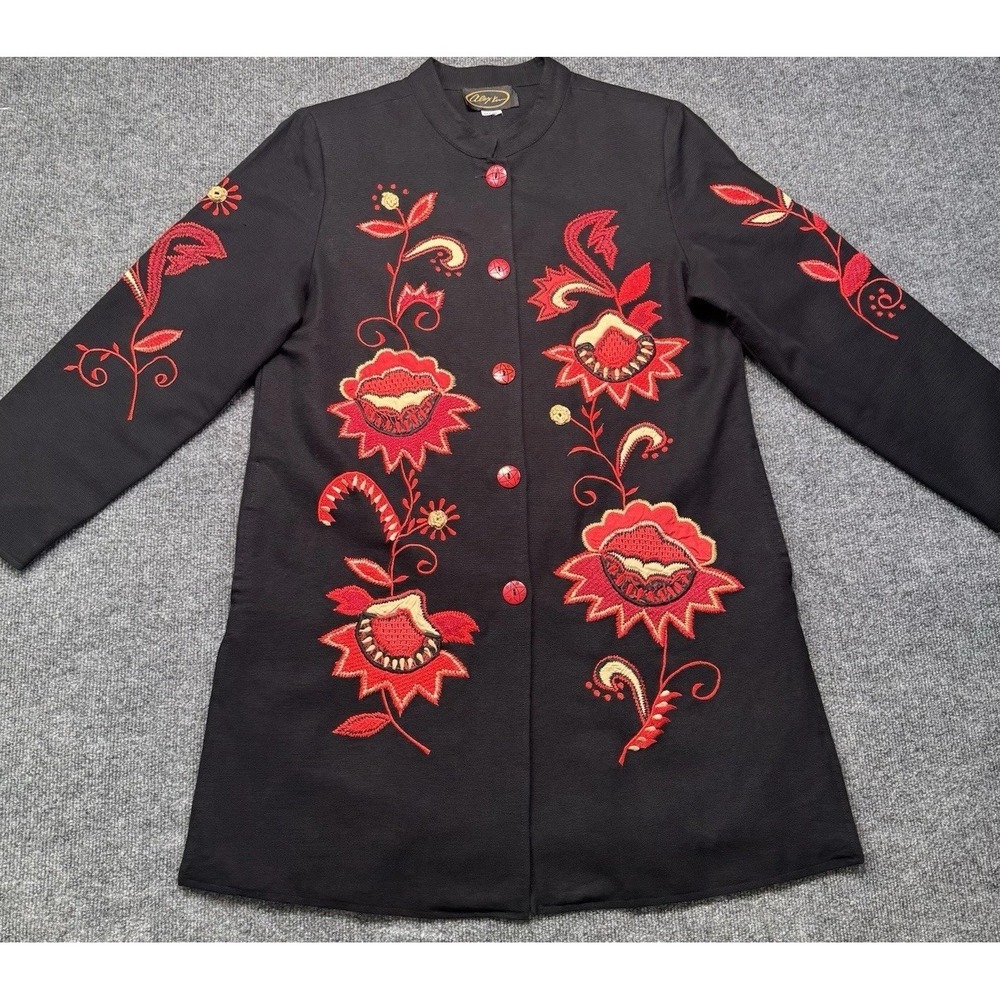 VTG Alex Kim Jacket Embroidered Floral Black Red Long Coat Womens L Button Front